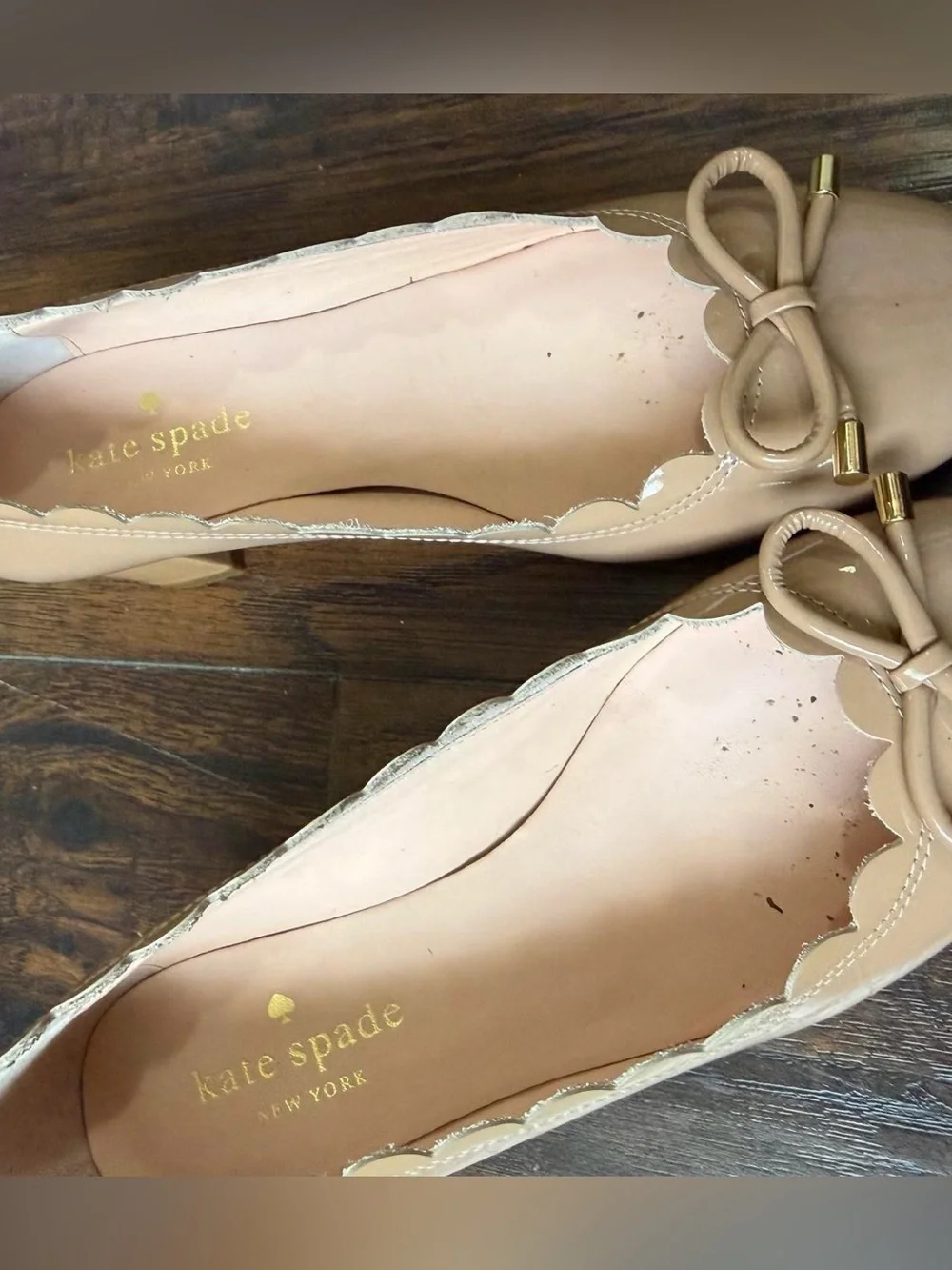 Kate Spade Yasmin Nude Leather Scalloped Block Kitten Heels Pumps Bow Mary Jane